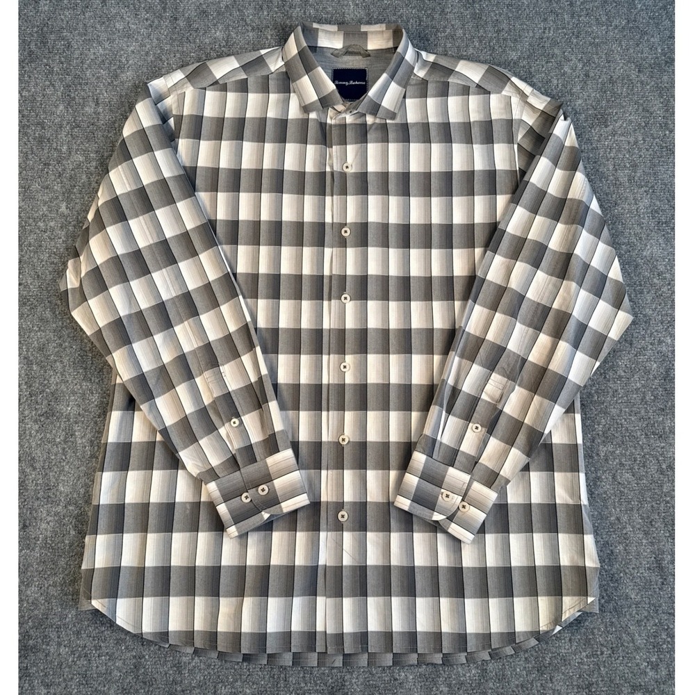 Tommy Bahama Mens‎ Large Grey White Ombre Buffalo Check Cotton Button Down Shirt